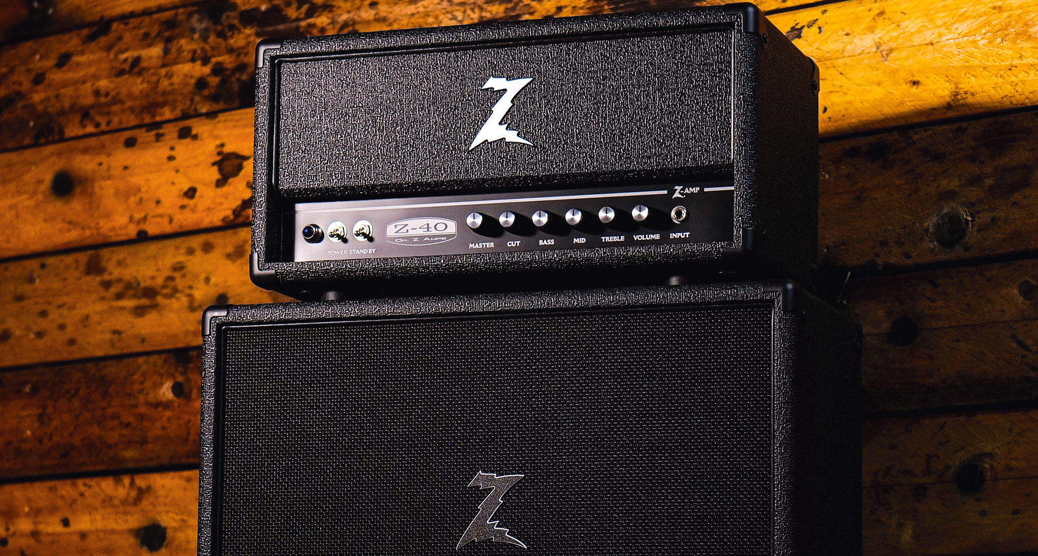 The Dr Z Z40 ams and matching cab photographed behind the scenes at Peach Guitars