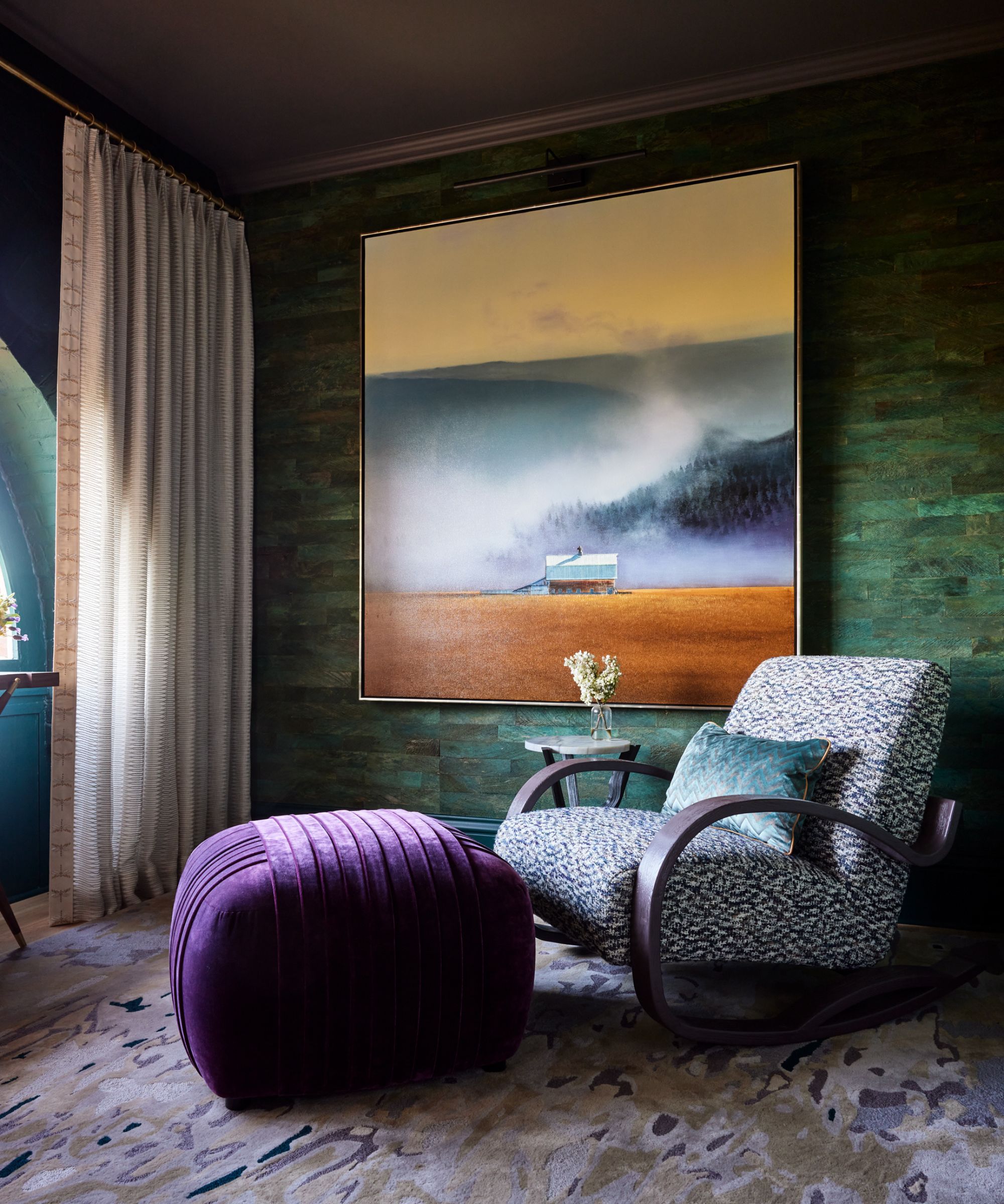 green wallpapered living room