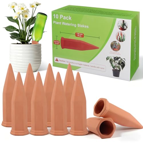 Wujun Plant Watering Stakes 10 Pack Automatic Waterers for Vacations, Plant Water Devices Terracotta Self Watering Spikes for Wine Bottles Great Plants for Indoor &amp;amp; Outdoor Plants