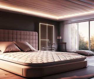 A mattress on the floor against a dark pink wall.