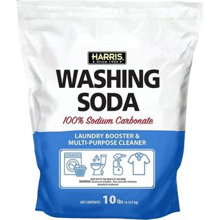 A white and blue resealable packet of washing soda