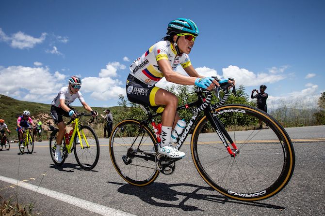 Lilana Moreno (Astana) leads the women field up todays steeper QOM climb on stage 1 of the 2019 Tour of California Women's Race