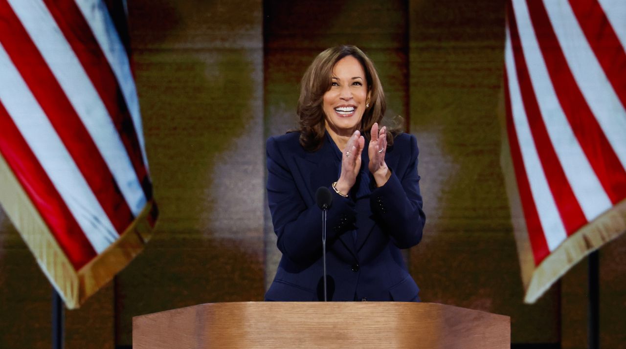 Democratic presidential candidate, U.S. Vice President Kamala Harris arrives to speak on stage during the final day of the Democratic National Convention at the United Center on August 22, 2024 in Chicago, Illinois.