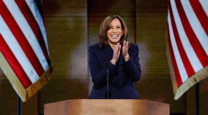 Democratic presidential candidate, U.S. Vice President Kamala Harris arrives to speak on stage during the final day of the Democratic National Convention at the United Center on August 22, 2024 in Chicago, Illinois.