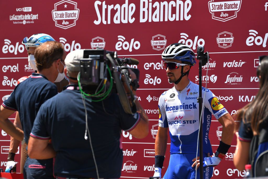 SIENA ITALY AUGUST 01 Start Oliver Naesen of Belgium and Team AG2R La Mondiale Julian Alaphilippe of France and Team Deceuninck QuickStep Interview Press Media during the Eroica 14th Strade Bianche 2020 Men a 184km race from Siena to SienaPiazza del Campo StradeBianche on August 01 2020 in Siena Italy Photo by Tim de WaeleGetty Images
