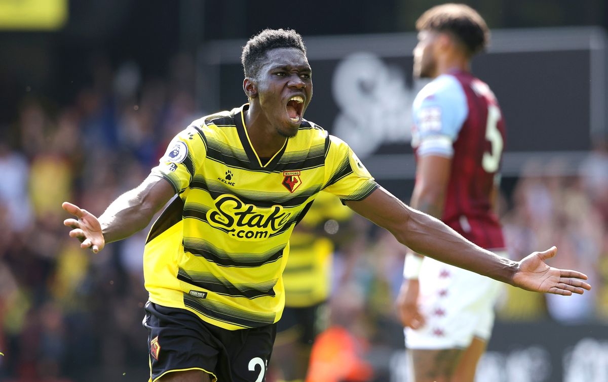 Watford winger Ismaila Sarr celebrates scoring a goal