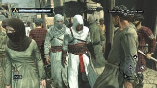 Best Assassin's Creed Protagonists: Altair walking through the streets with his hood up during Assassin's Creed.