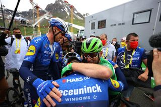 TIGNES FRANCE JULY 04 Dries Devenyns of Belgium Tim Declercq of Belgium Mark Cavendish of The United Kingdom and Team Deceuninck QuickStep Green Points Jersey during the 108th Tour de France 2021 Stage 9 a 1449km stage from Cluses to Tignes Monte de Tignes 2107m LeTour TDF2021 on July 04 2021 in Tignes France Photo by Tim de WaeleGetty Images