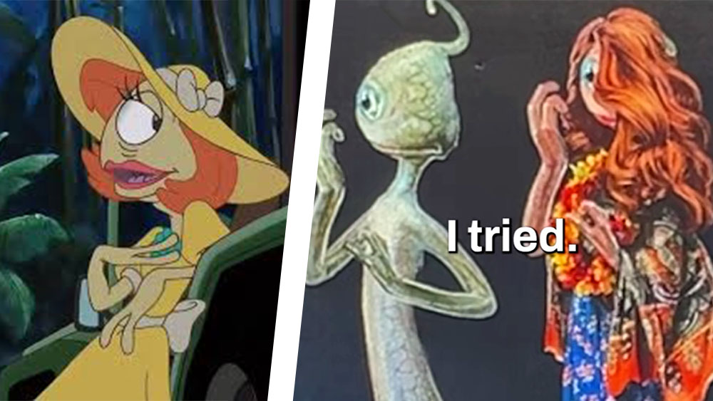 Disney Lilo and Stitch images and concept art showing the original Pleakley, and concept art for the new live-action movie