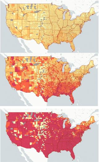 Maps visualizing the county-level risk of at least one COVID-19-positive person attending an event in the US with 10 (top), 100 (middle) or 1,000 people (bottom).