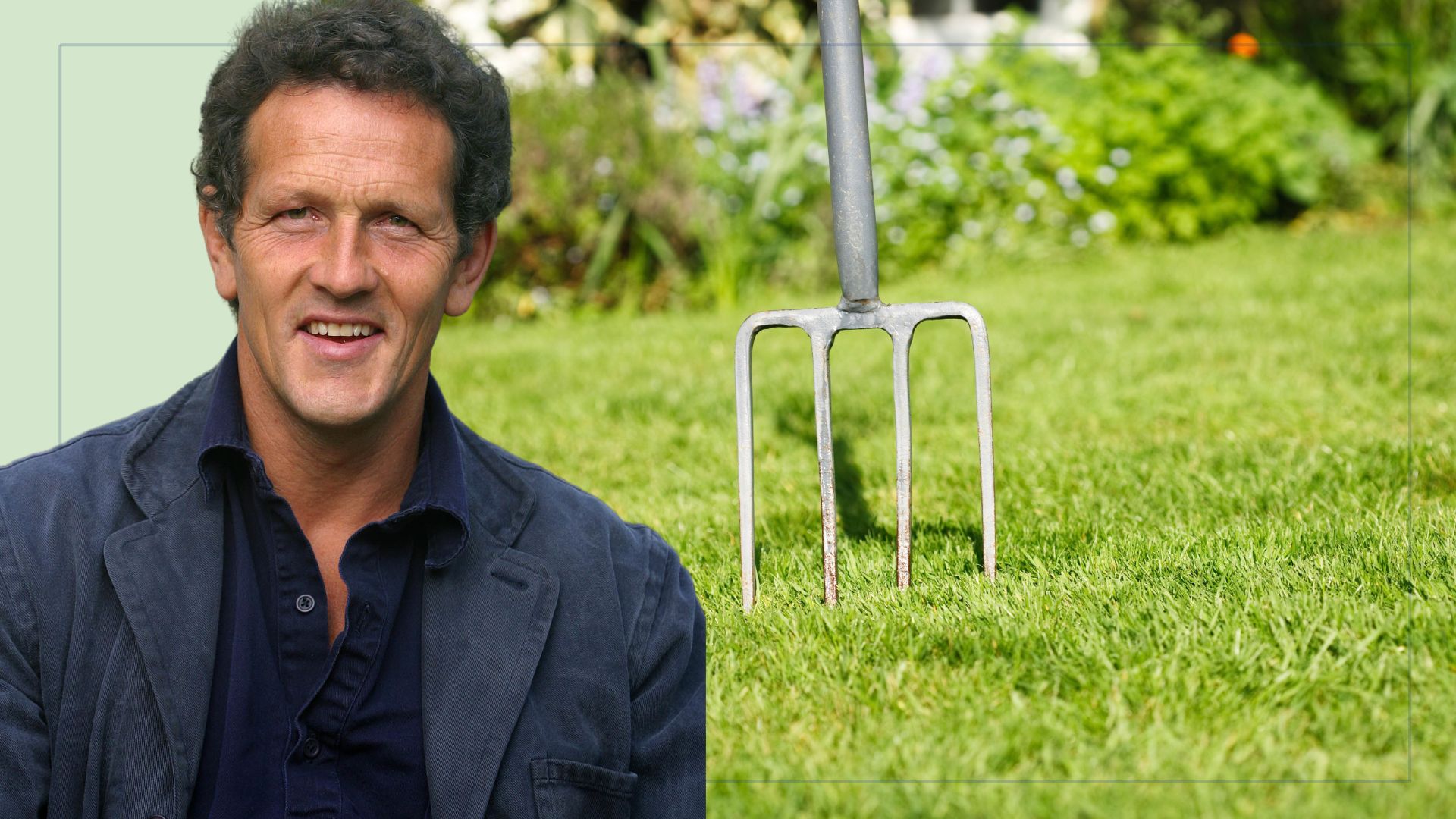 picture of Monty Don and a garden fork in the middle of a lawn