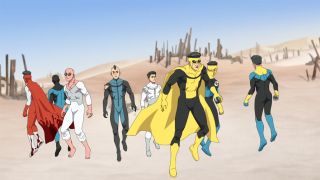 The eight remaining multiversal Invincibles trapped on a desolate planet in Invincible season 3 episode 7