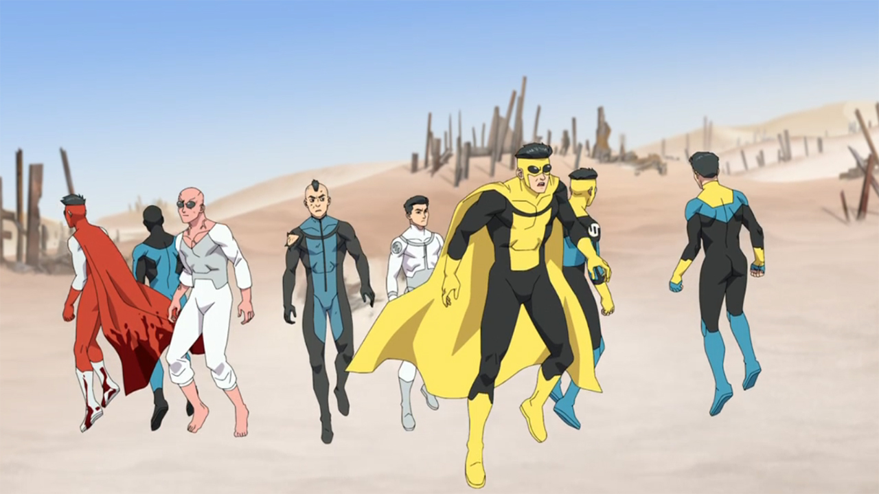 The eight remaining multiversal Invincibles trapped on a desolate planet in Invincible season 3 episode 7