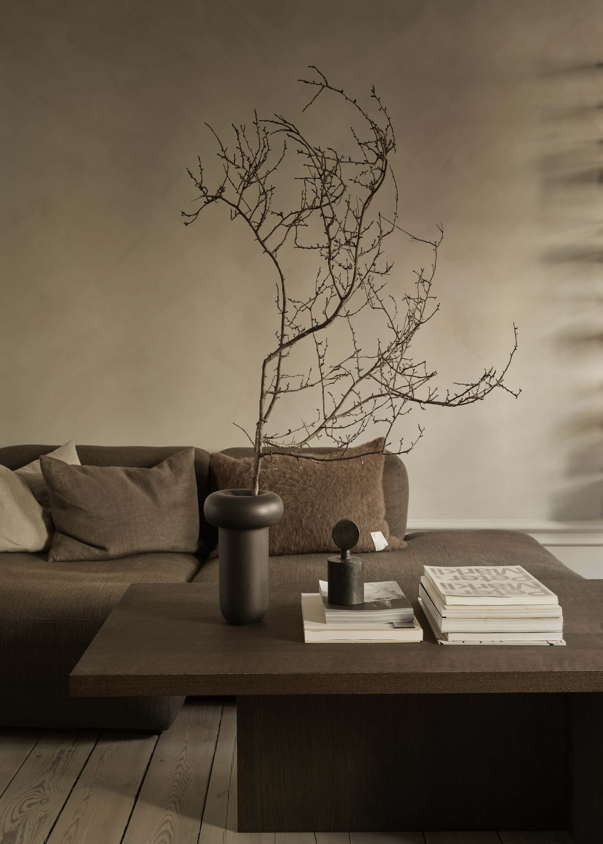 A minimalist living room with a brown sofa, a wooden coffee table, and a brown vase styled with a twiggy branch