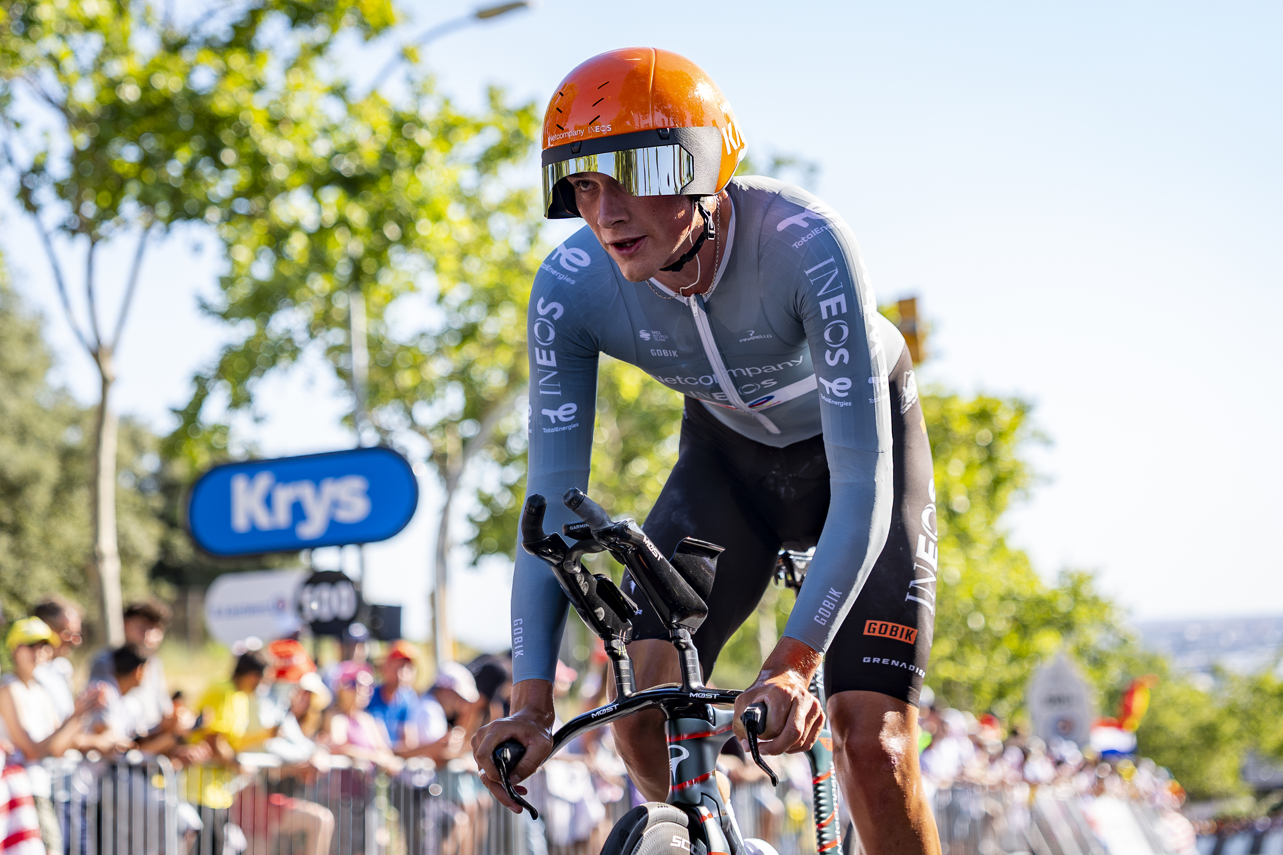 Josh Tarling on a time trial bike at the Tour de France