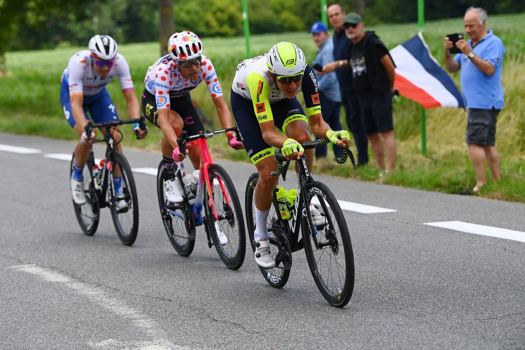 WALLERS FRANCE JULY 06 LR Edvald Boasson Hagen of Norway and Team Total Energies Magnus Cort Nielsen of Denmark and Team EF Education Easypost Polka Dot Mountain Jersey and Taco Van Der Hoorn of Netherlands and Team Intermarch Wanty Gobert Matriaux compete in the breakaway prior to the 109th Tour de France 2022 Stage 5 a 157km stage from Lille to WallersArenberg TDF2022 WorldTour on July 06 2022 in Wallers France Photo by Tim de WaeleGetty Images