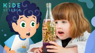 Kide Science child and cartoon character doing experiment