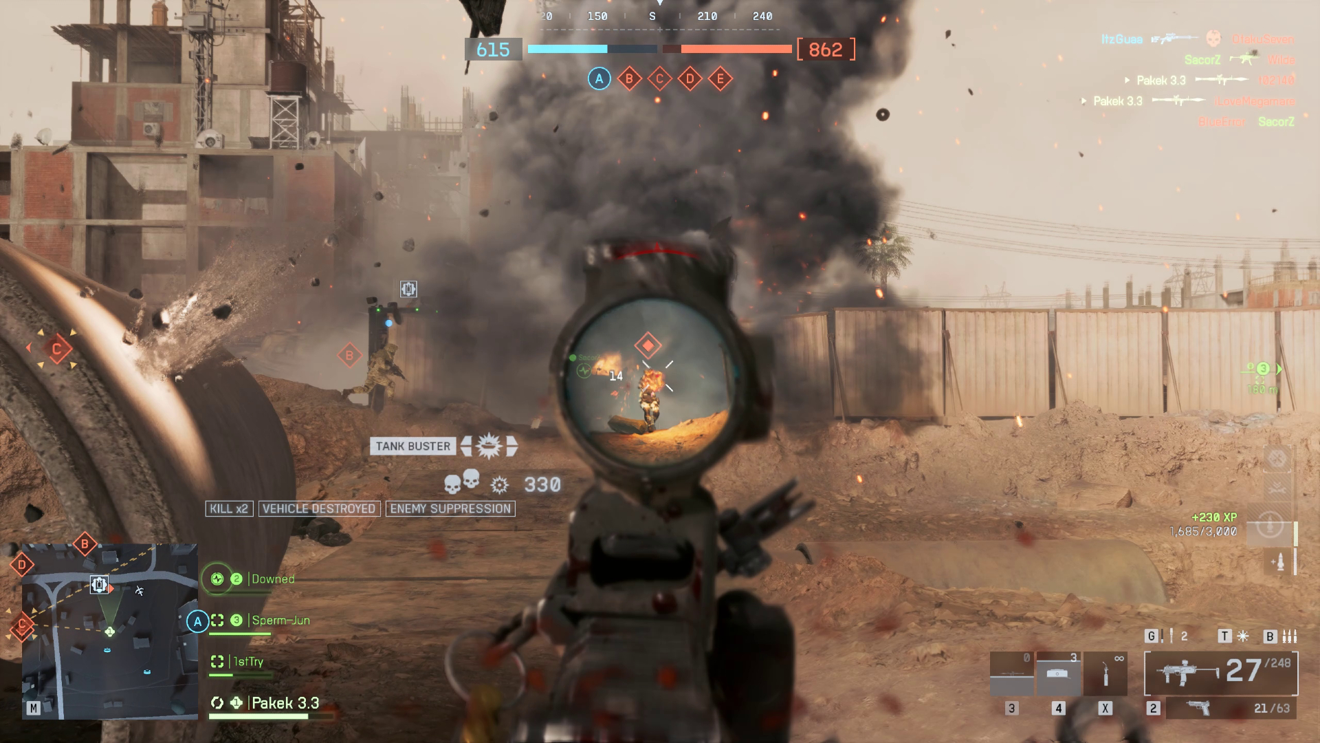 Aiming down the sights of a gun and firing at players in a thick cloud of smoke in Battlefield 6