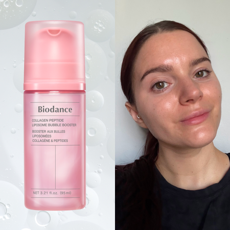 split image of brooke knappenberger selfie with bottles of biodance liposome bubble boosters on grey gradient bubble background 