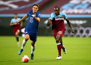 Chelsea’s Andreas Christensen (left) and West Ham United’s Michail Antonio battle for the ball during the Premier League match at the London Stadium