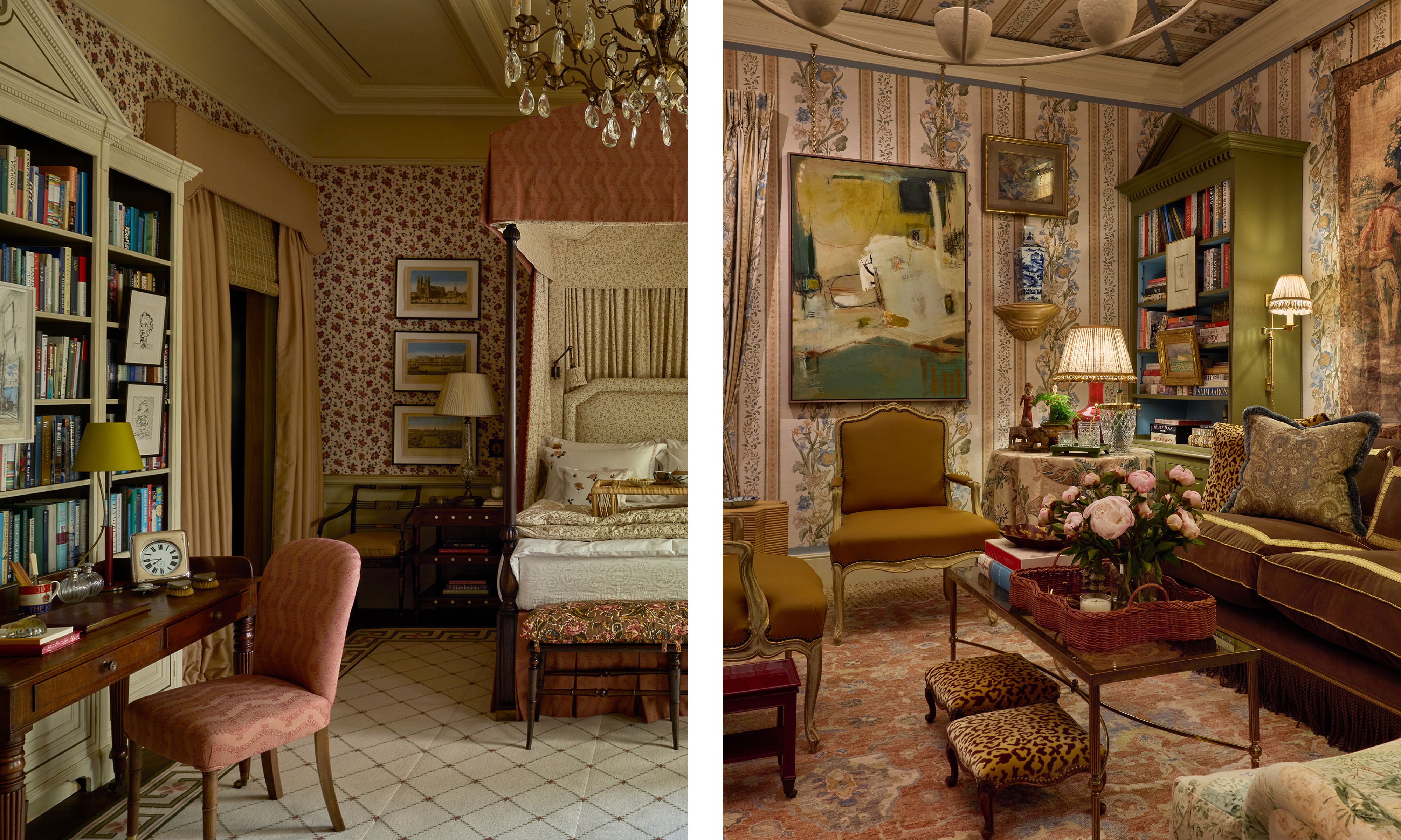 Side-by-side classic rooms: the left features a traditional bedroom with a four-poster canopy bed, floral wallpaper, and a wooden desk; the right shows a cozy living area with striped floral walls and an olive green bookcase.