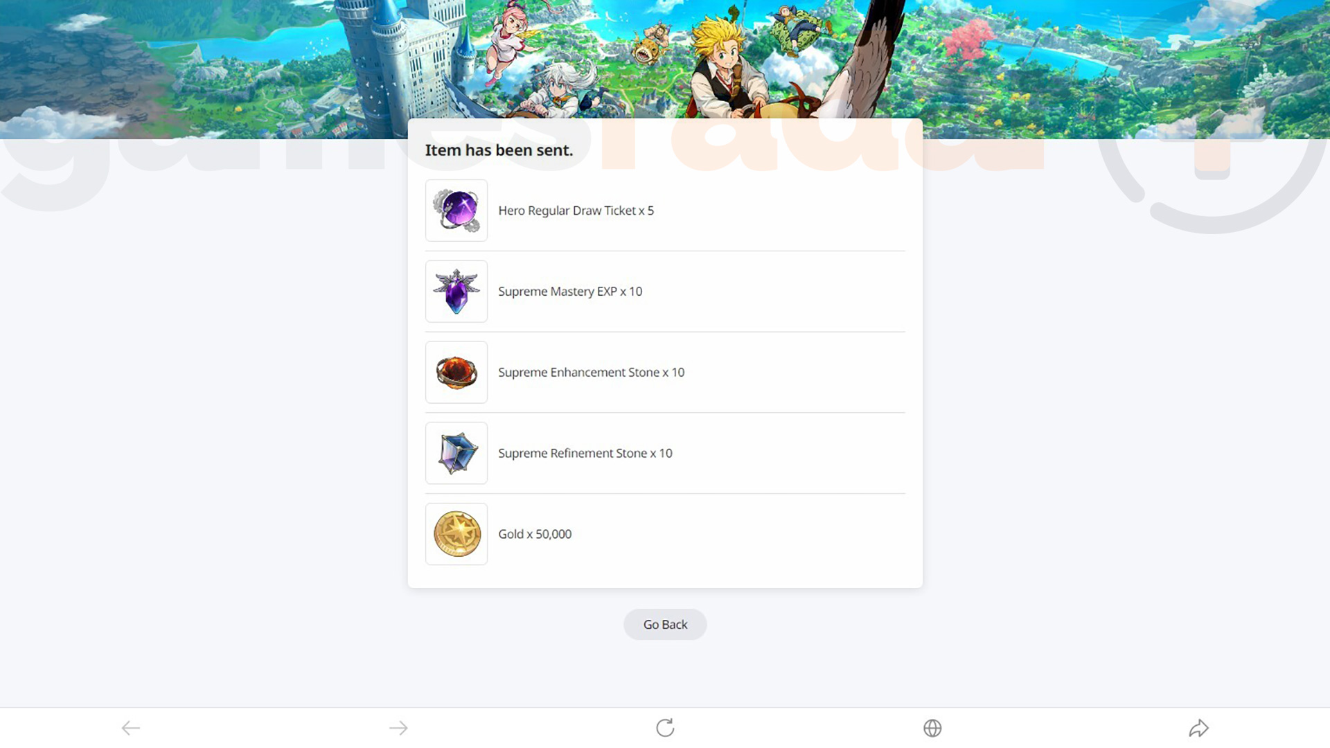 Rewards for redeeming The Seven Deadly Sins Origin codes