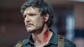 Pedro Pascal as Joel, with blood on his neck, in The Last of Us episode 9, the season finale.