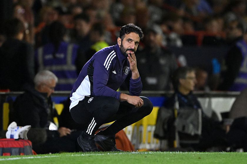 Ruben Amorim, Manager of Manchester United, looks dejected after his team concede during the Carabao Cup Second Round match between Grimsby Town and Manchester United at Blundell Park on August 27, 2025 in Grimsby, England. 