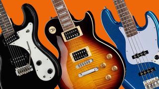 A collection of three Harley Benton guitars