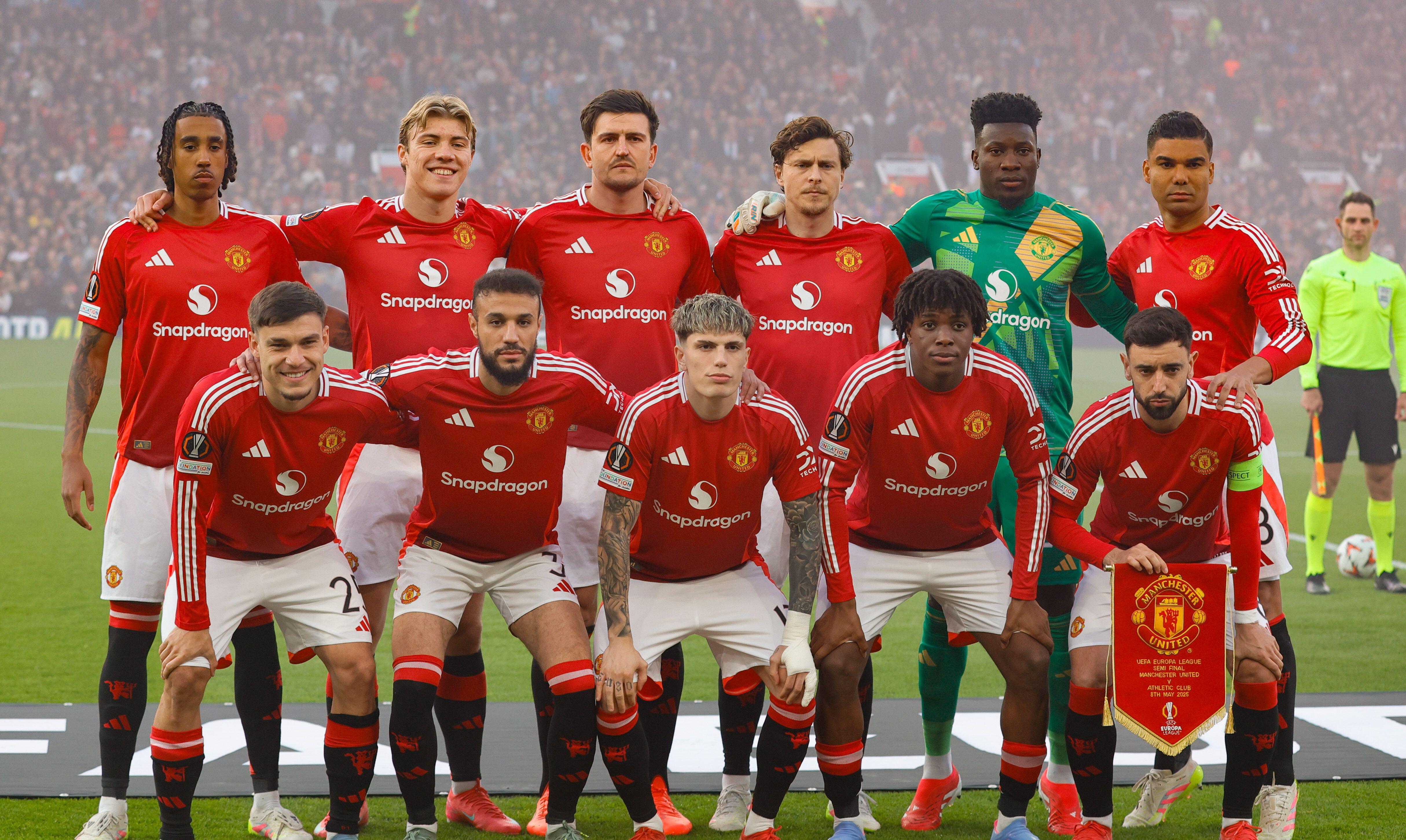 The Manchester United team ahead of their Europa League semi-final against Athletic Bilbao, May 2025