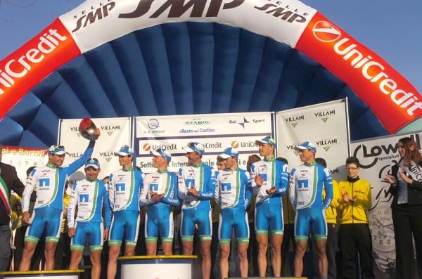 Team NetApp on the podium after winning the team time trial