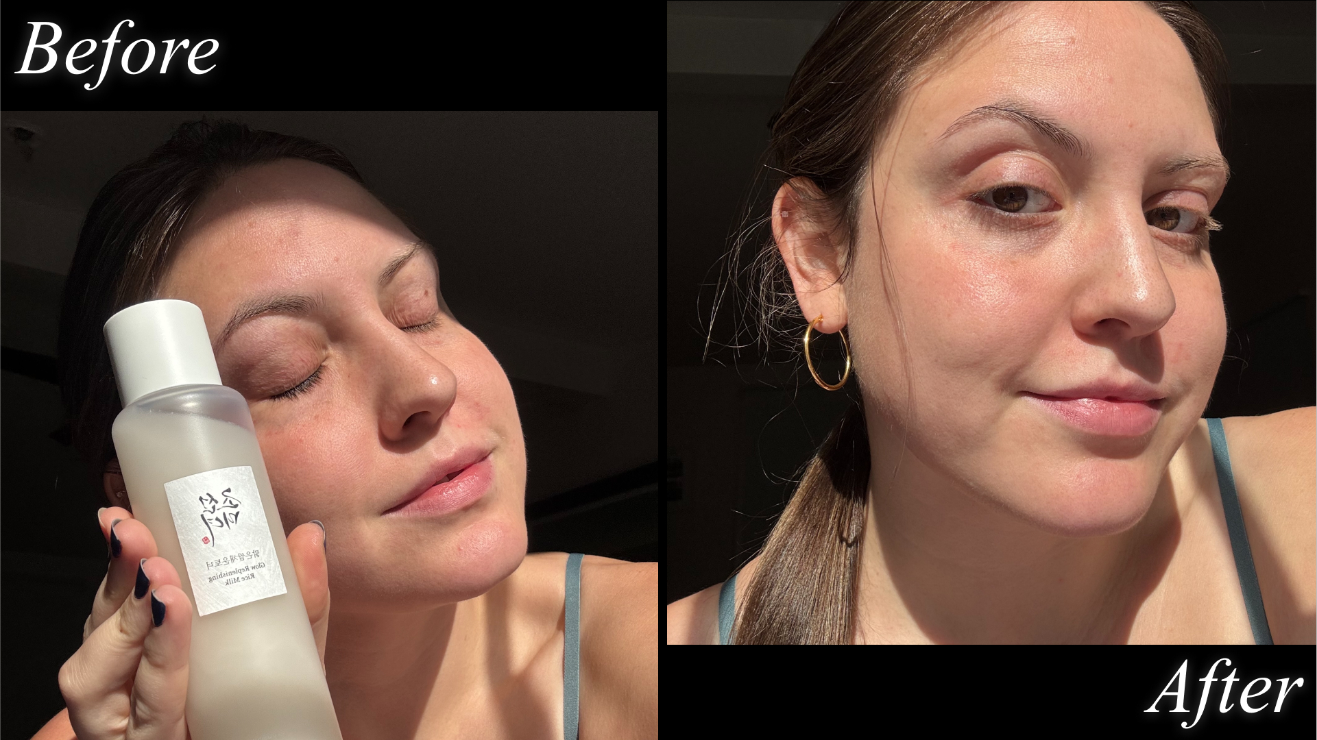 Sophia Vilensky pictured before and after testing Beauty of Joseon&#039;s Rice Milk toner.