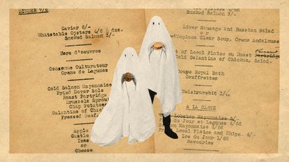 Photo collage of two people in homemade ghost costumes holding burgers. 