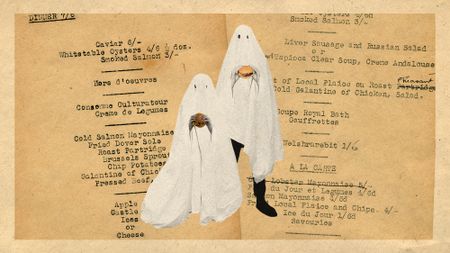 Photo collage of two people in homemade ghost costumes holding burgers. 