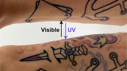 Two arms with one showing tattoos and the other showing colors amidst the tattoos