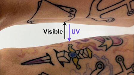 Two arms with one showing tattoos and the other showing colors amidst the tattoos