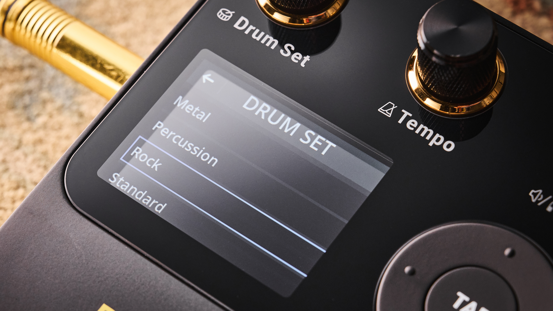 The screen on the Singular Sound BeatBuddy 2 drum machine pedal