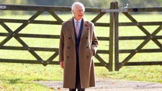 King Charles III departs after attending Sunday service at the Church of St Mary Magdalene on the Sandringham estate on November 3, 2024