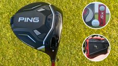 A Ping G430 Max 10K driver and a golf ball and rangefinder