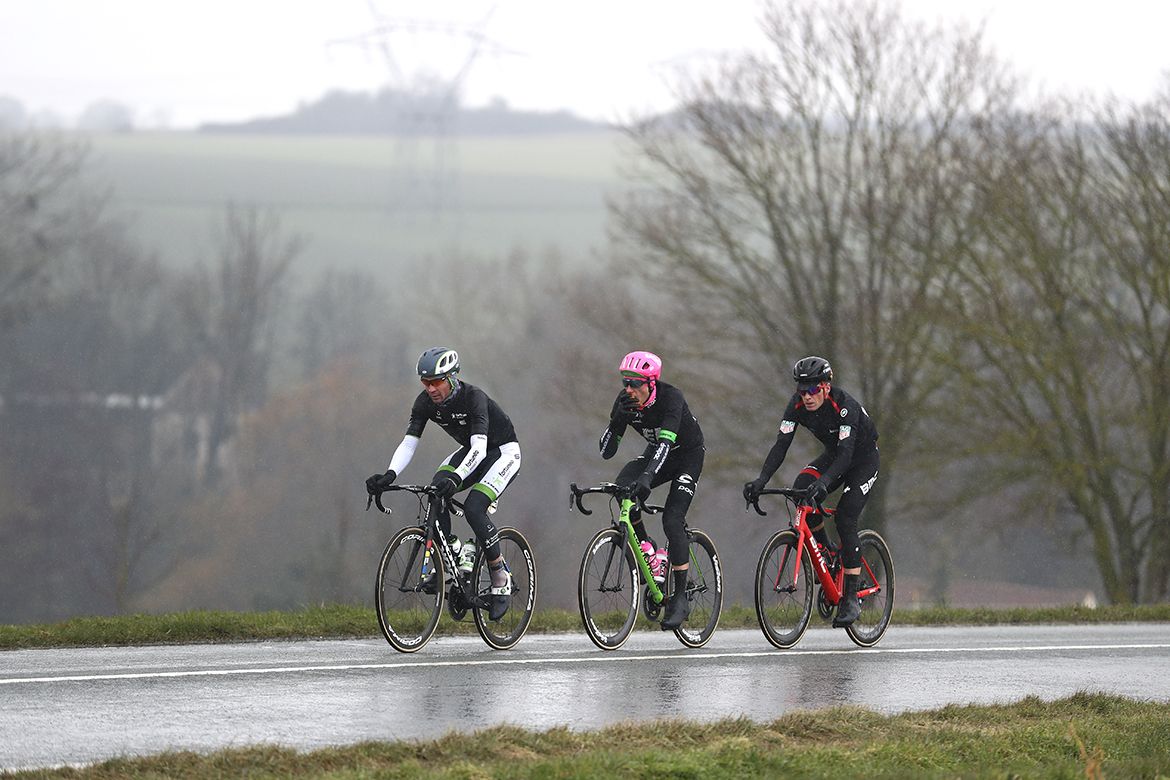 Pierre Rolland (EF-Drapac), Pierre-Luc Perichon (Fortuneo-Samsic), Jurgen Roelandts (BMC Racing) in the breakaway