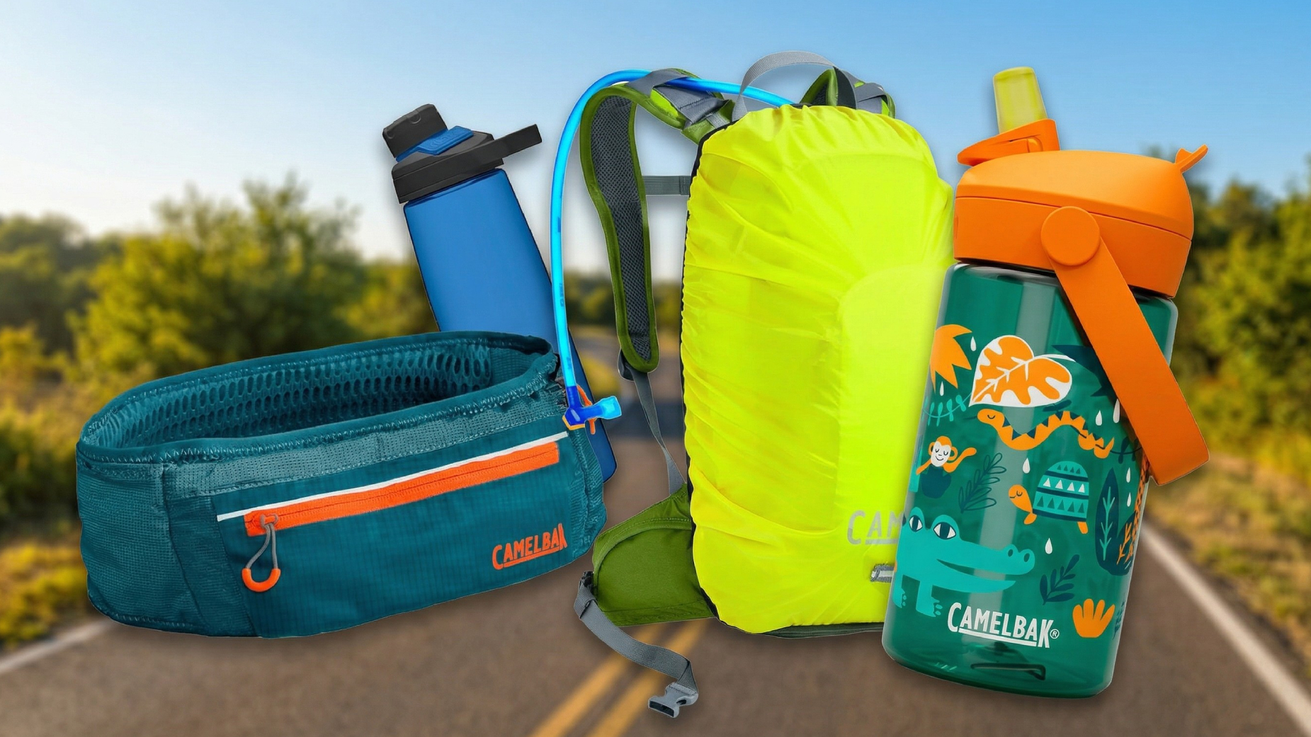 CamelBak products shown floating above a running trail