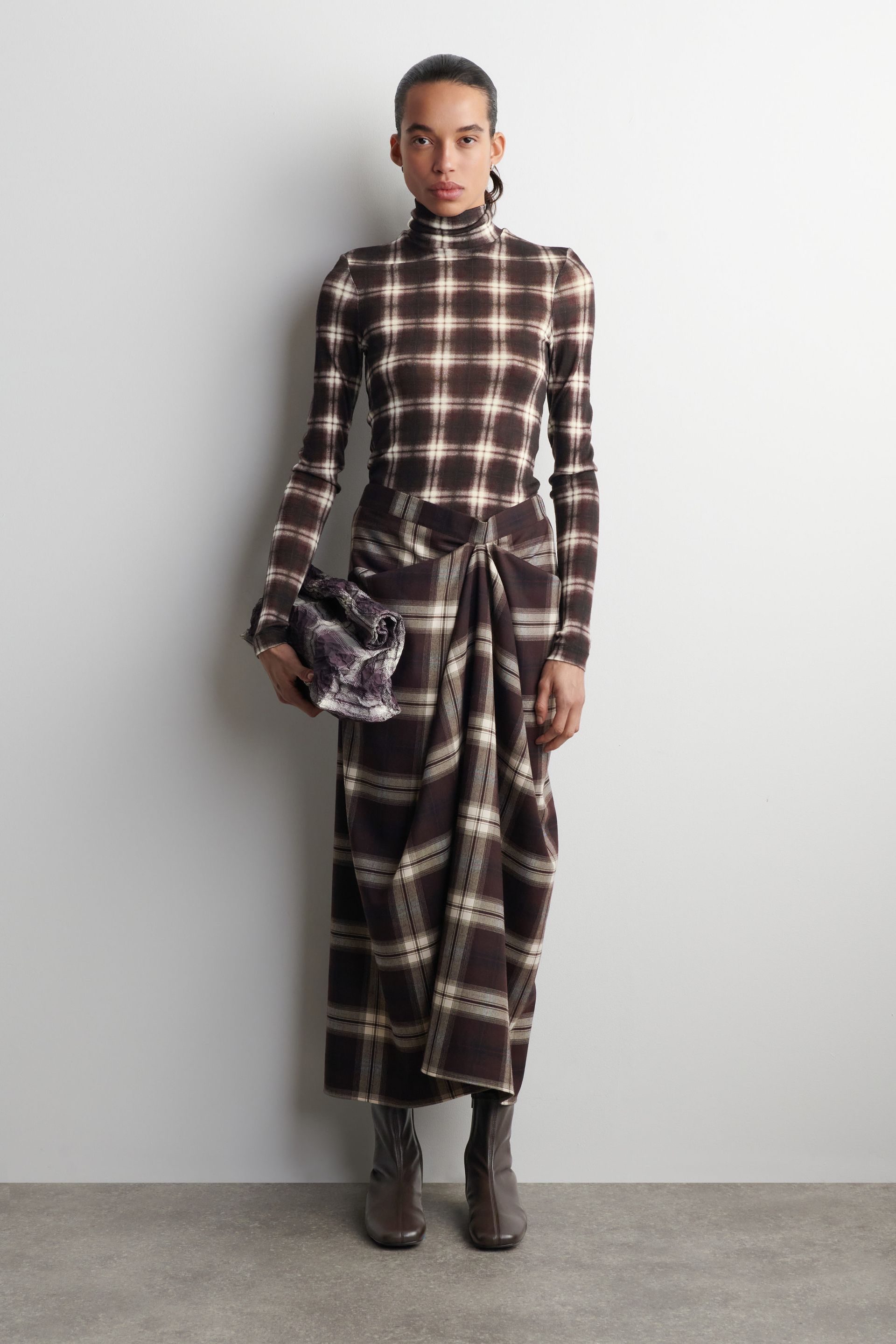 Draped Checked Midi Skirt