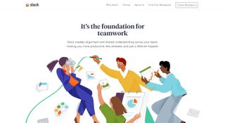 Slack's homepage with cartoons of team members drawing graphs and taking photos