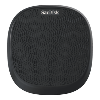 Top view of SanDisk's black iXpand charging base sitting against a white background