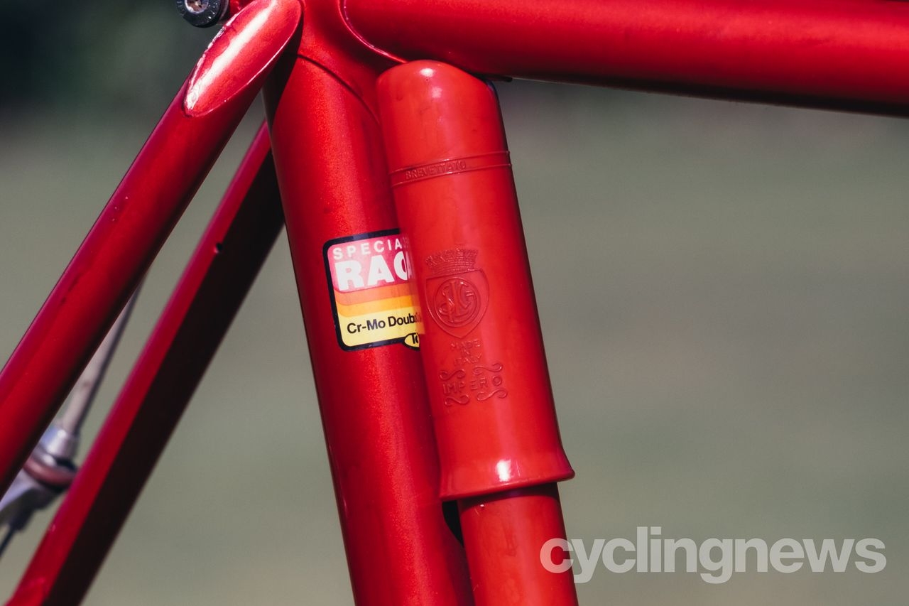 Close up of a red framepump mounted vertically on a red bike frame