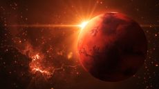Mars with the sun in the distance
