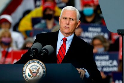 Vice President Mike Pence speaks during a "Make America Great Again!" campaign event at Oakland County International Airport in Waterford, Michigan, on October 22, 2020.
