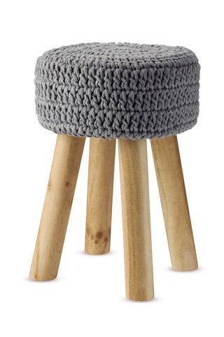 Wooden footstool with grey knitted crochet top