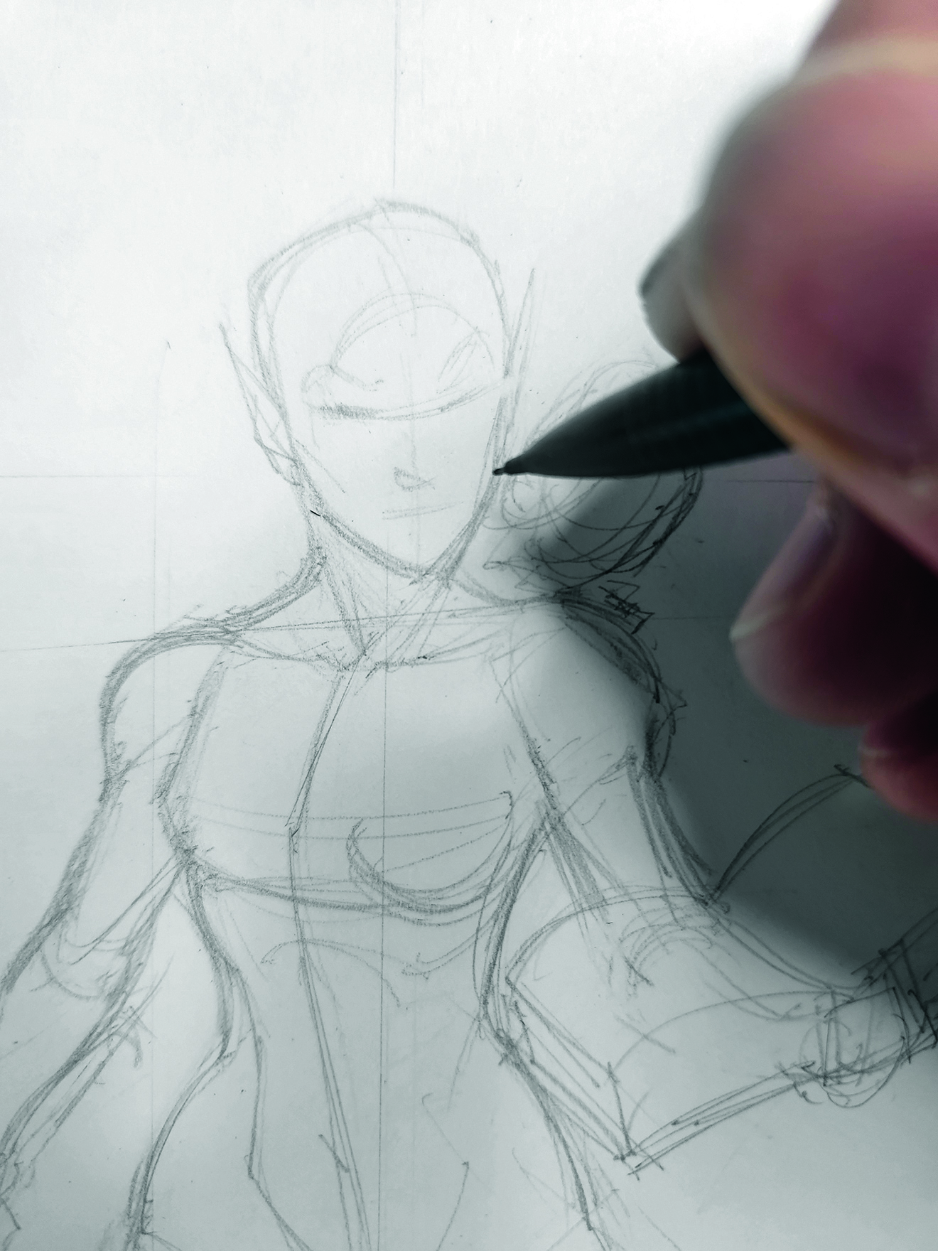 An image showing a step from a drawing tutorial on how to draw a fantasy character in pencil, pen and marker