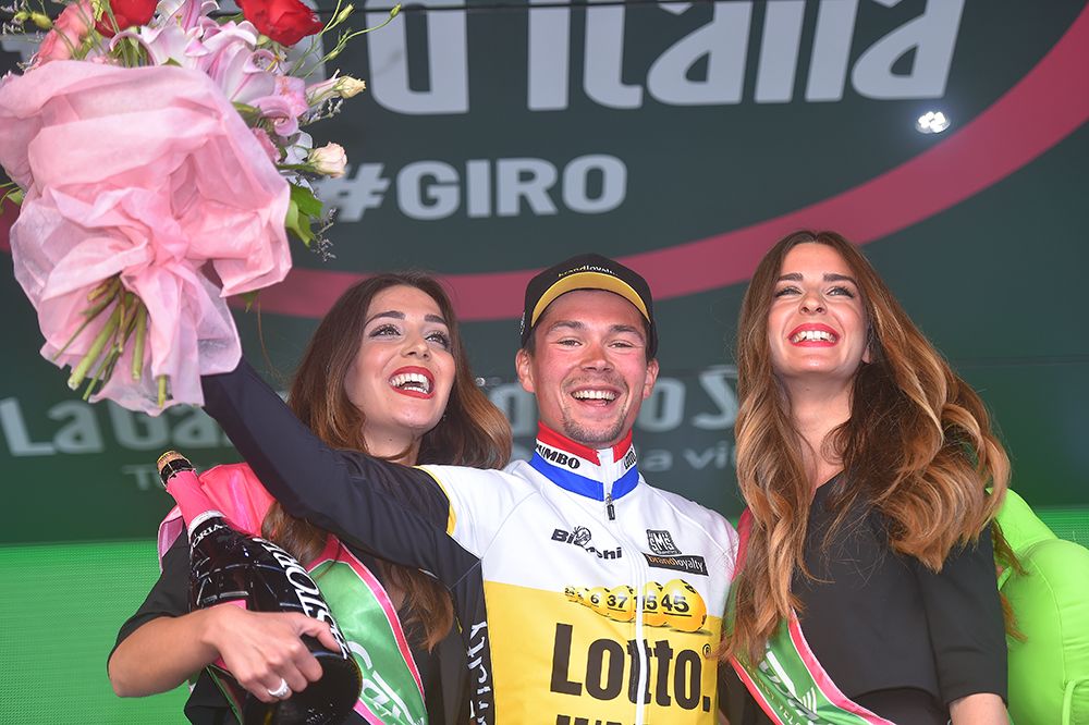 A happy Primoz Roglic on the podium